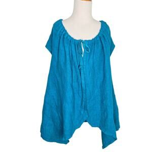 Bryn Walker Linen Capelet Lagenlook Layering Summer Tie Neck Blue Women Large